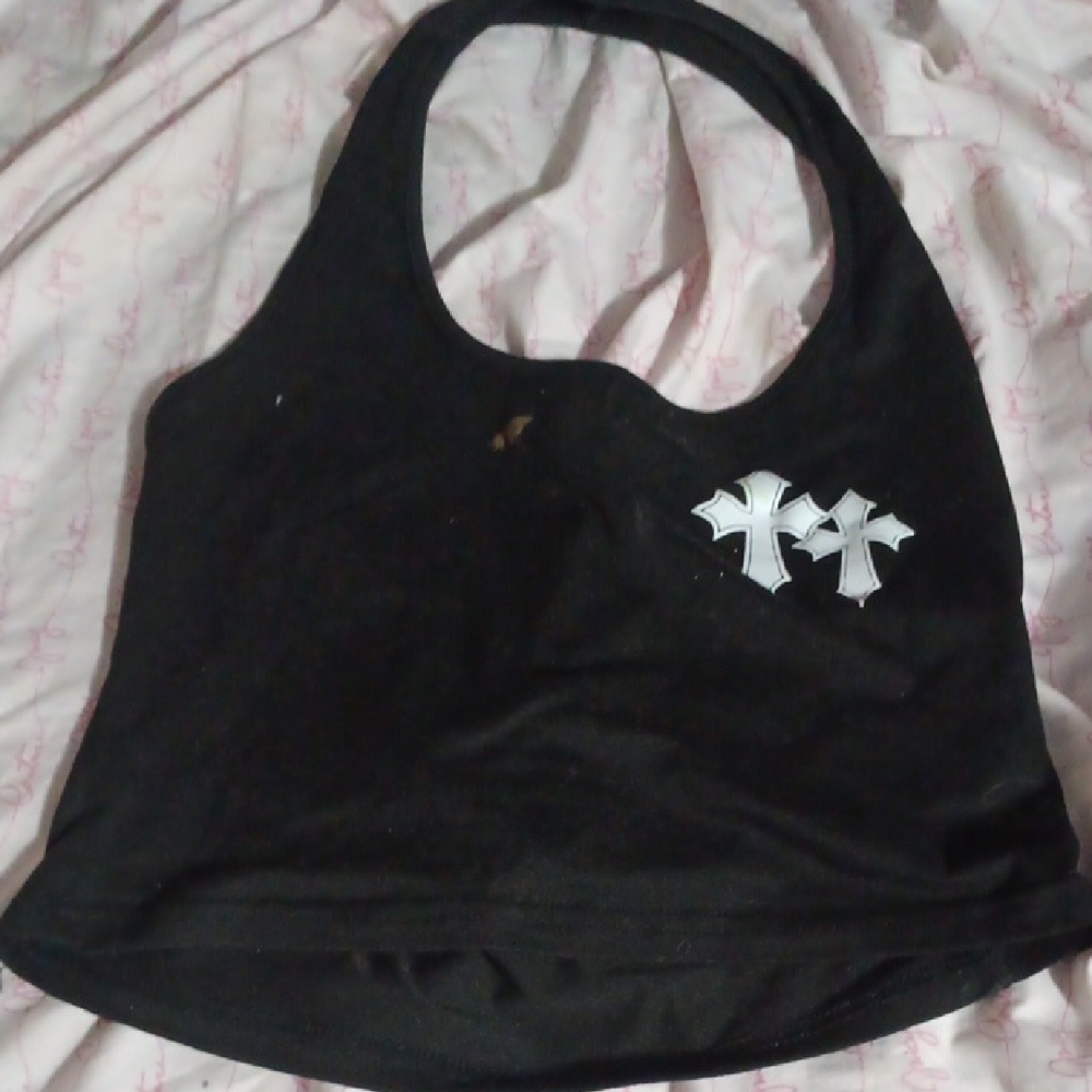 Black Crop Top with White Cross Design